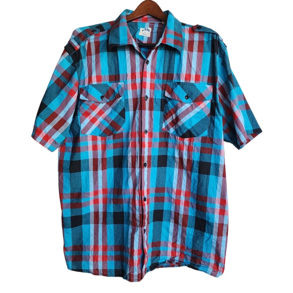 PJ Mark Men's 4XL Shirt Plaid Short Sleeve Utility Epaulets 100% Cotton Blue Red